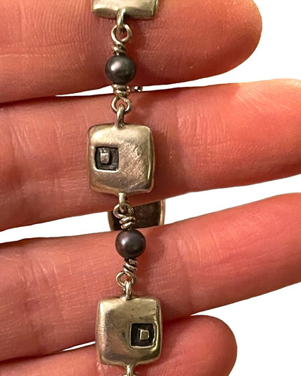 Sterling silver ornate artisan squares with pearl link bracelet 925