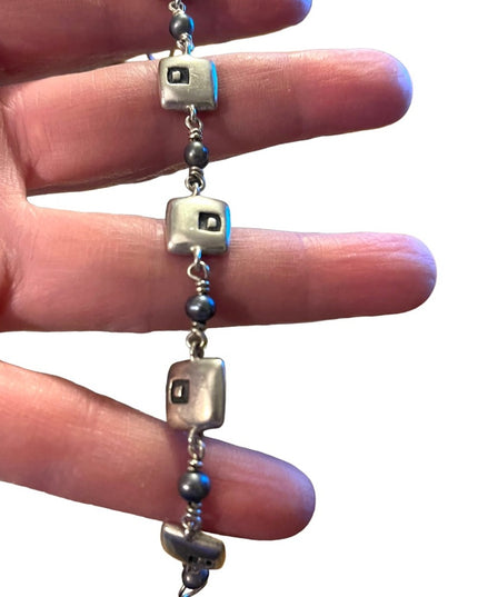 Sterling silver ornate artisan squares with pearl link bracelet 925