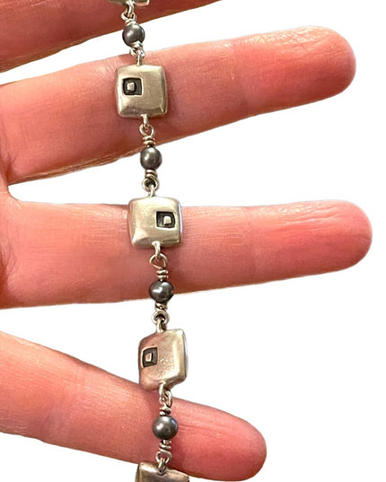 Sterling silver ornate artisan squares with pearl link bracelet 925