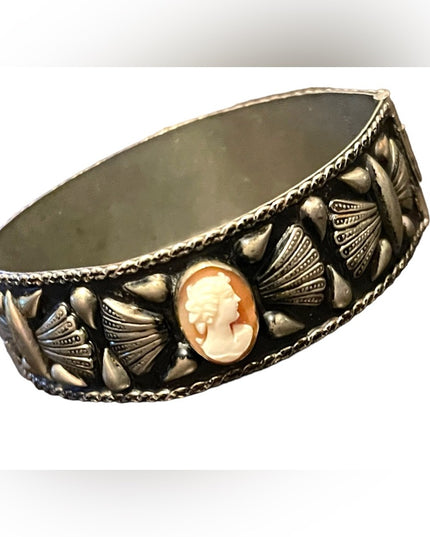 Antique Art Deco Italy Alpaca Carved shell Cameo & Coral Bangle bracelet