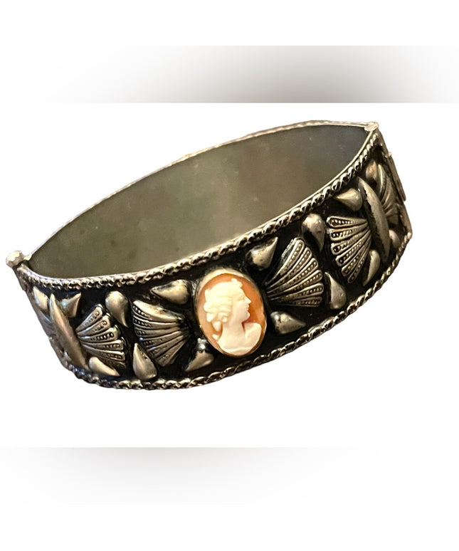 Antique Art Deco Italy Alpaca Carved shell Cameo & Coral Bangle bracelet