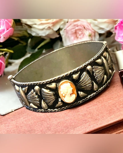 Antique Art Deco Italy Alpaca Carved shell Cameo & Coral Bangle bracelet