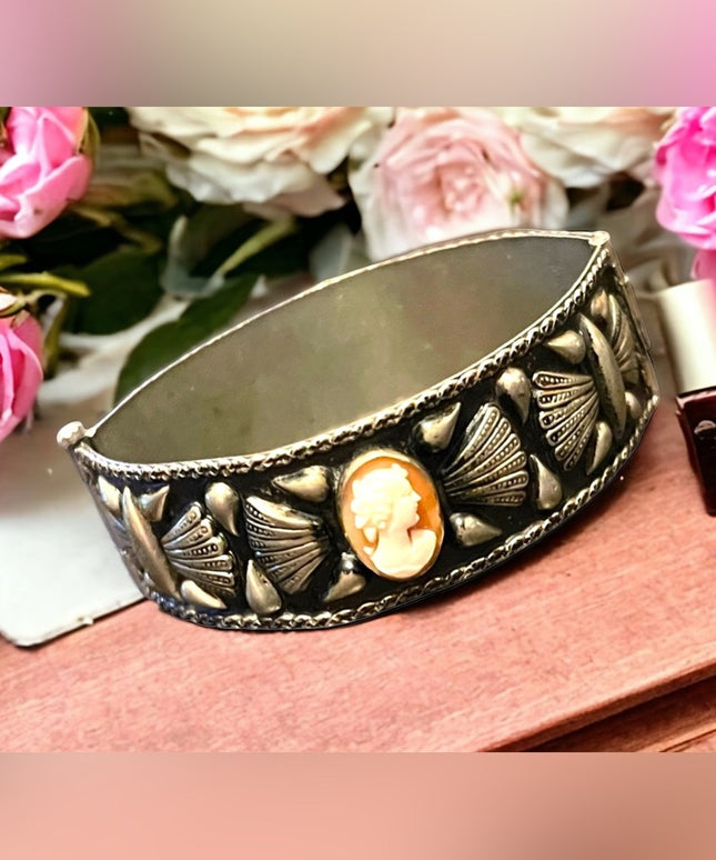 Antique Art Deco Italy Alpaca Carved shell Cameo & Coral Bangle bracelet