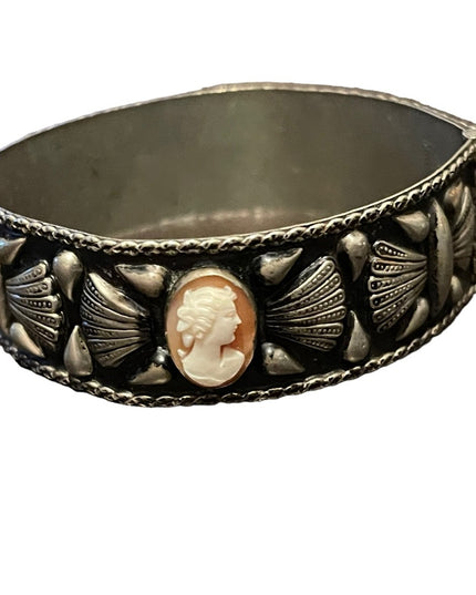 Antique Art Deco Italy Alpaca Carved shell Cameo & Coral Bangle bracelet