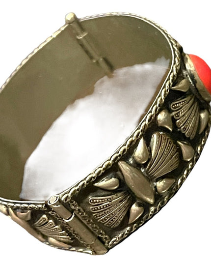 Antique Art Deco Italy Alpaca Carved shell Cameo & Coral Bangle bracelet