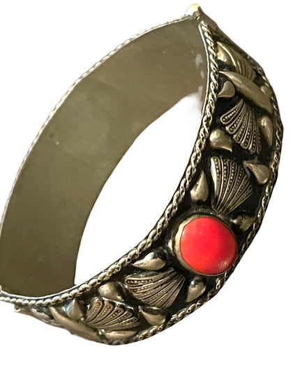 Antique Art Deco Italy Alpaca Carved shell Cameo & Coral Bangle bracelet