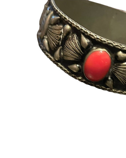 Antique Art Deco Italy Alpaca Carved shell Cameo & Coral Bangle bracelet