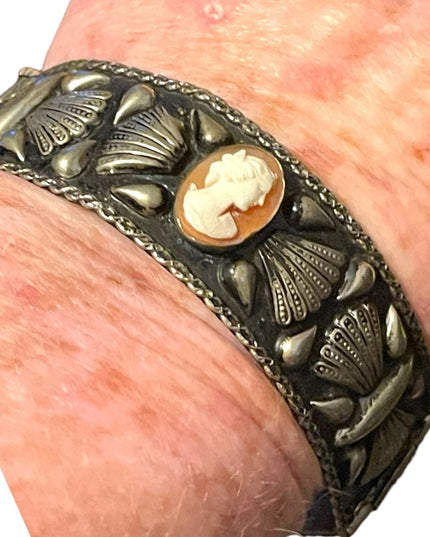 Antique Art Deco Italy Alpaca Carved shell Cameo & Coral Bangle bracelet