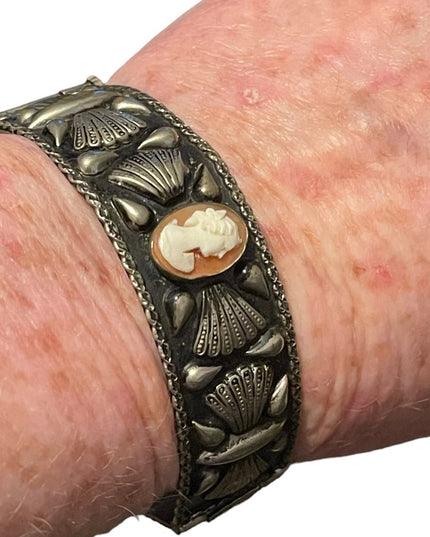 Antique Art Deco Italy Alpaca Carved shell Cameo & Coral Bangle bracelet