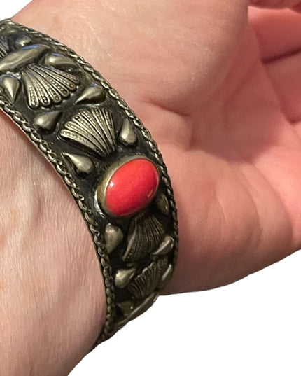 Antique Art Deco Italy Alpaca Carved shell Cameo & Coral Bangle bracelet