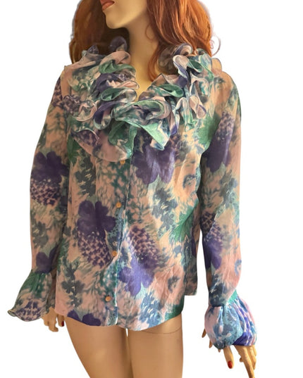 Vintage Elite  Ruffled Floral Button Blouse - Pink, Purple & Green Romantic