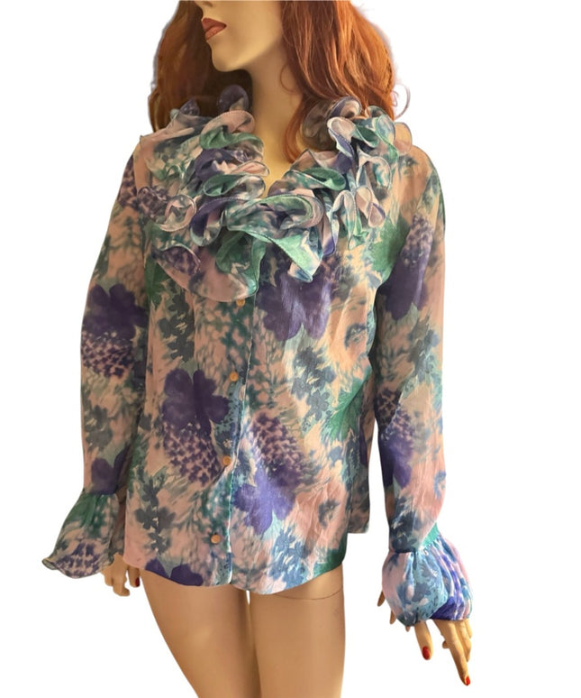 Vintage Elite  Ruffled Floral Button Blouse - Pink, Purple & Green Romantic