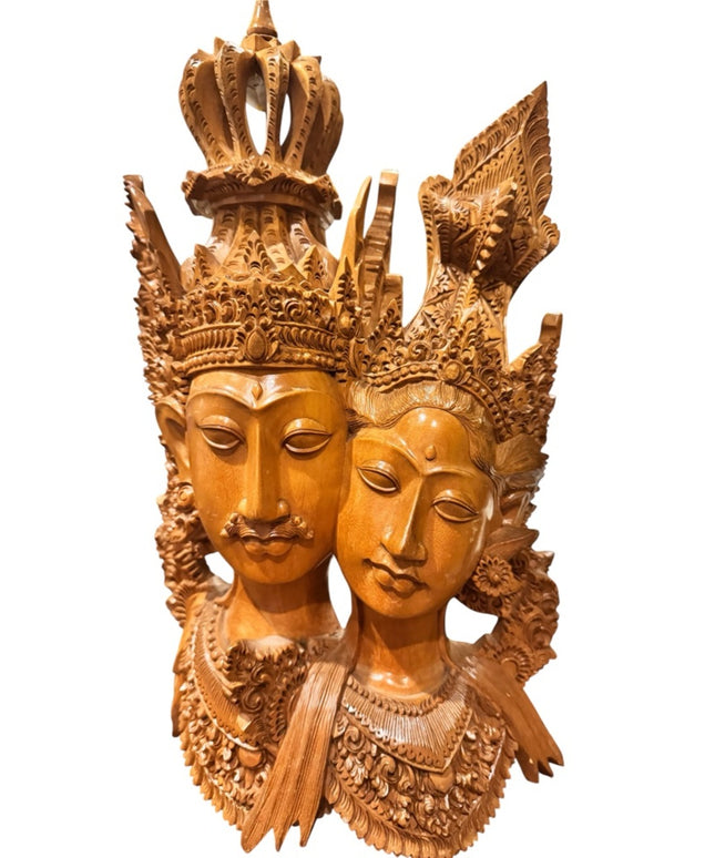 Vintage Hand-Carved Wooden Balinese Couple Sculpture - Warm Brown
