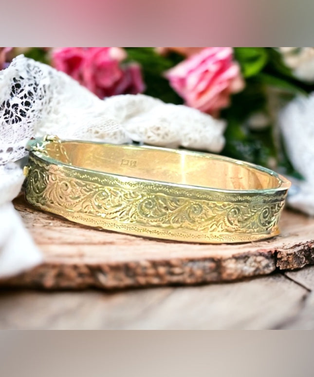 Antique Sterling silver 925 Victorian etched bangle JG LTD Euro markings lion
