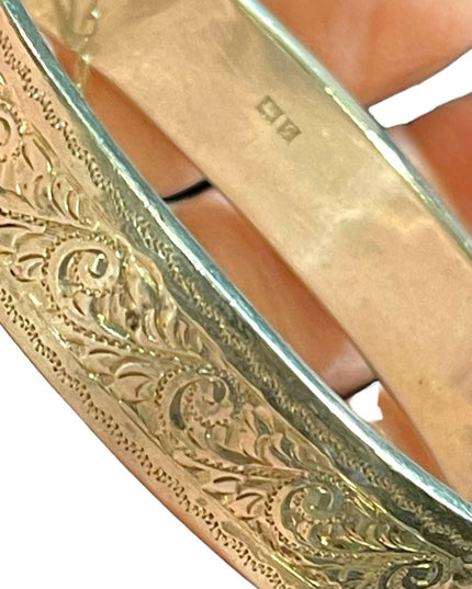 Antique Sterling silver 925 Victorian etched bangle JG LTD Euro markings lion