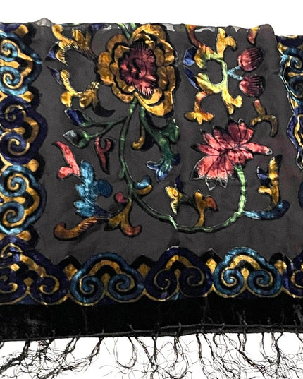Velvety sheer black BOHO floral black flower fringe scarf wrap