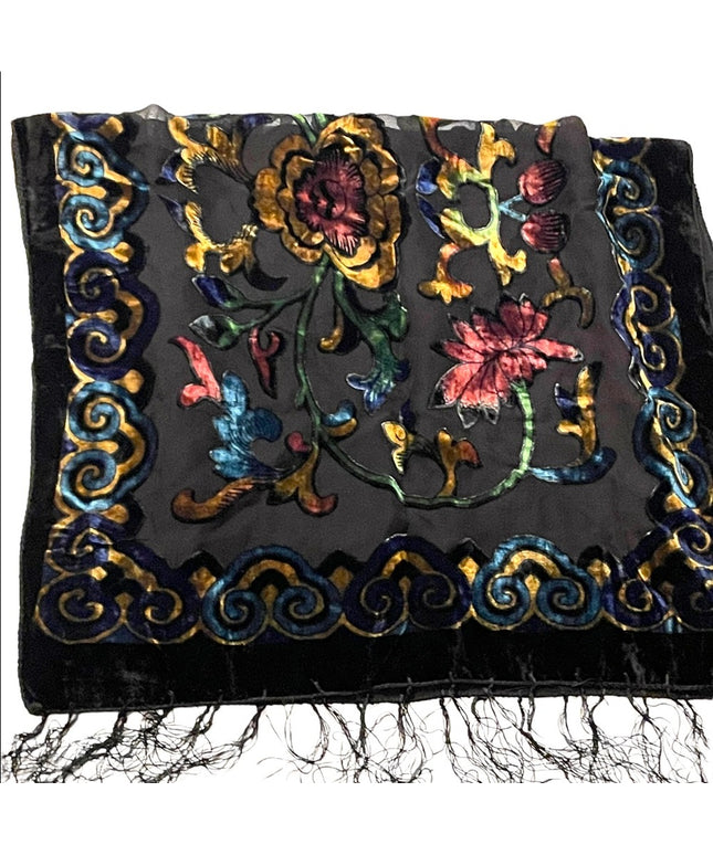 Velvety sheer black BOHO floral black flower fringe scarf wrap