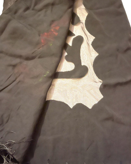 Velvety sheer black BOHO floral black flower fringe scarf wrap