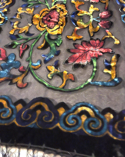 Velvety sheer black BOHO floral black flower fringe scarf wrap