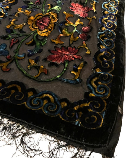 Velvety sheer black BOHO floral black flower fringe scarf wrap