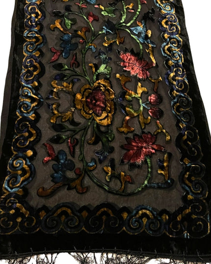 Velvety sheer black BOHO floral black flower fringe scarf wrap