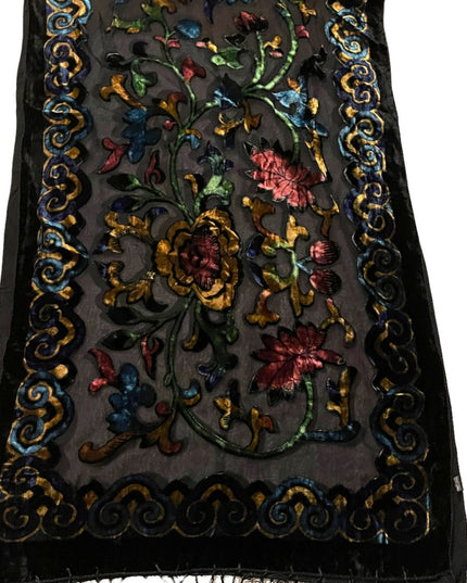 Velvety sheer black BOHO floral black flower fringe scarf wrap