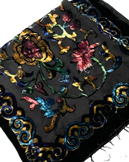Velvety sheer black BOHO floral black flower fringe scarf wrap