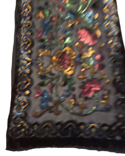 Velvety sheer black BOHO floral black flower fringe scarf wrap