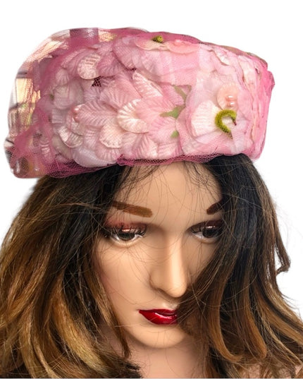 Vintage 1960s Flower hat pink sz small PILL BOX