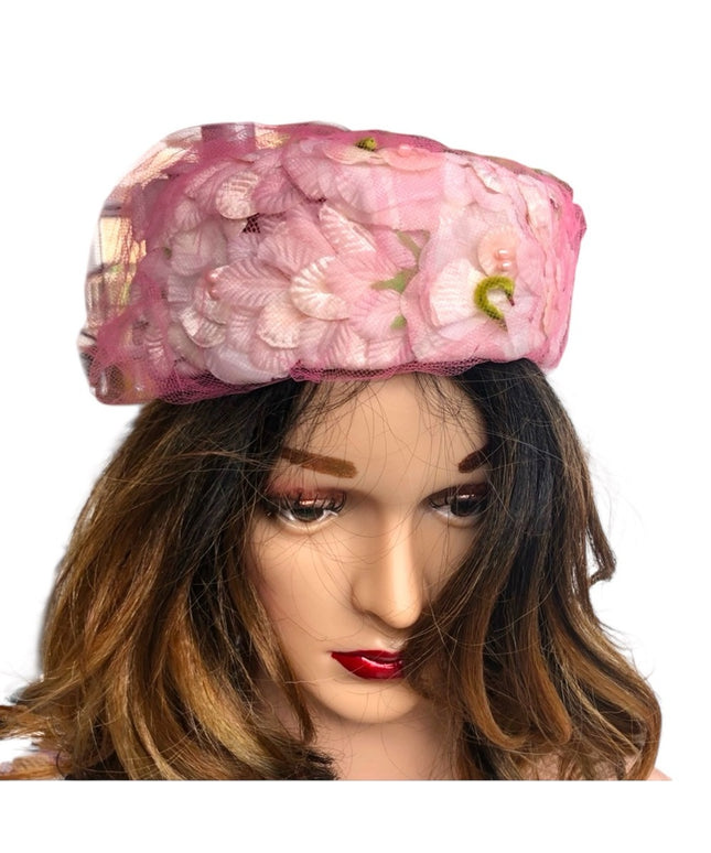 Vintage 1960s Flower hat pink sz small PILL BOX