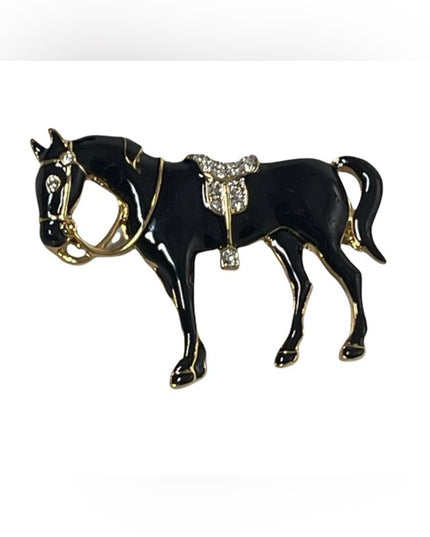 Vintage 1980s D Orlan  Black enamel rhinestone horse brooch