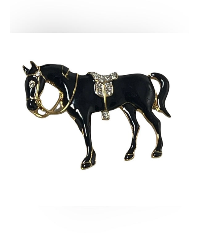 Vintage 1980s D Orlan  Black enamel rhinestone horse brooch