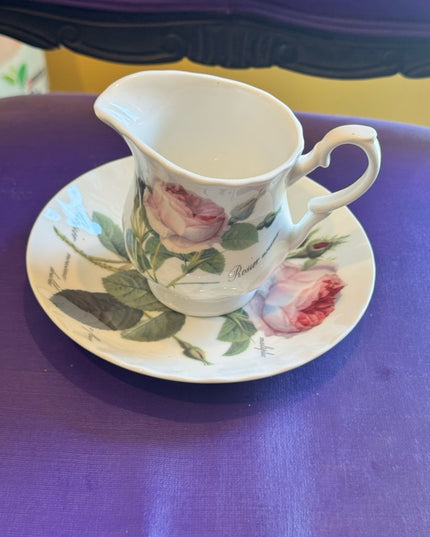 Roy Kirkham Redoute Roses Pattern Creamer and Saucer Set - White with Pink Roses