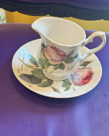 Roy Kirkham Redoute Roses Pattern Creamer and Saucer Set - White with Pink Roses