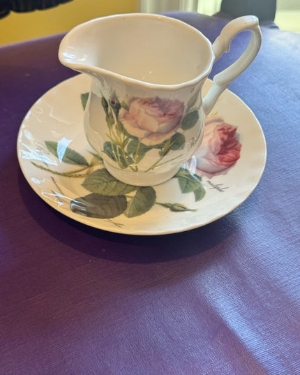Roy Kirkham Redoute Roses Pattern Creamer and Saucer Set - White with Pink Roses
