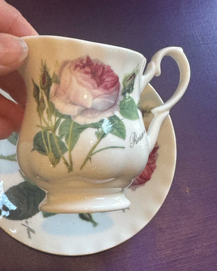Roy Kirkham Redoute Roses Pattern Creamer and Saucer Set - White with Pink Roses