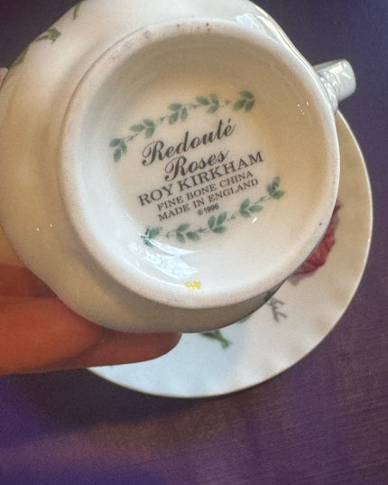 Roy Kirkham Redoute Roses Pattern Creamer and Saucer Set - White with Pink Roses