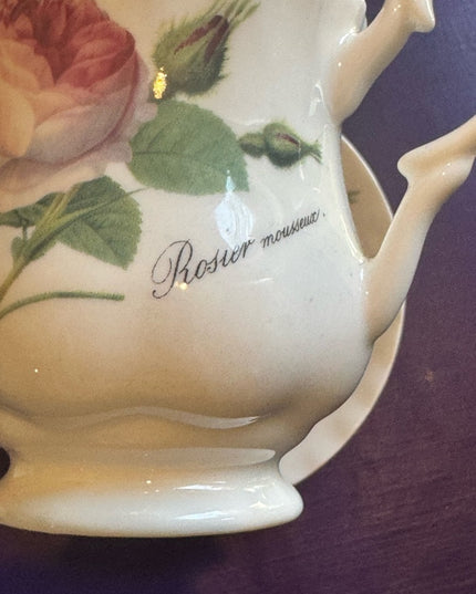 Roy Kirkham Redoute Roses Pattern Creamer and Saucer Set - White with Pink Roses