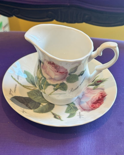 Roy Kirkham Redoute Roses Pattern Creamer and Saucer Set - White with Pink Roses
