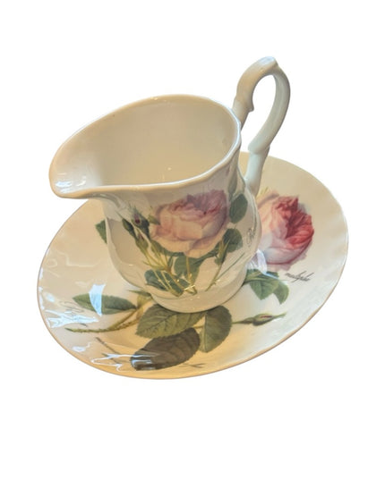 Roy Kirkham Redoute Roses Pattern Creamer and Saucer Set - White with Pink Roses