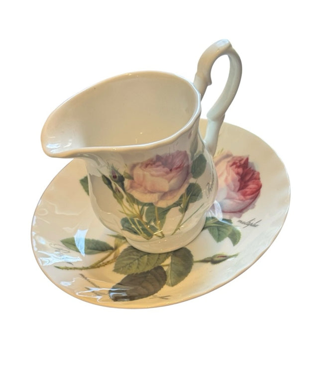 Roy Kirkham Redoute Roses Pattern Creamer and Saucer Set - White with Pink Roses