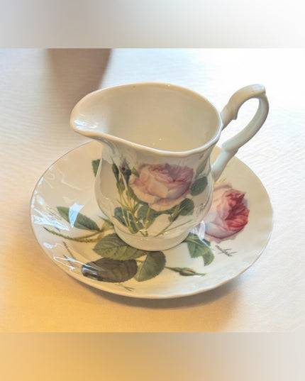 Roy Kirkham Redoute Roses Pattern Creamer and Saucer Set - White with Pink Roses