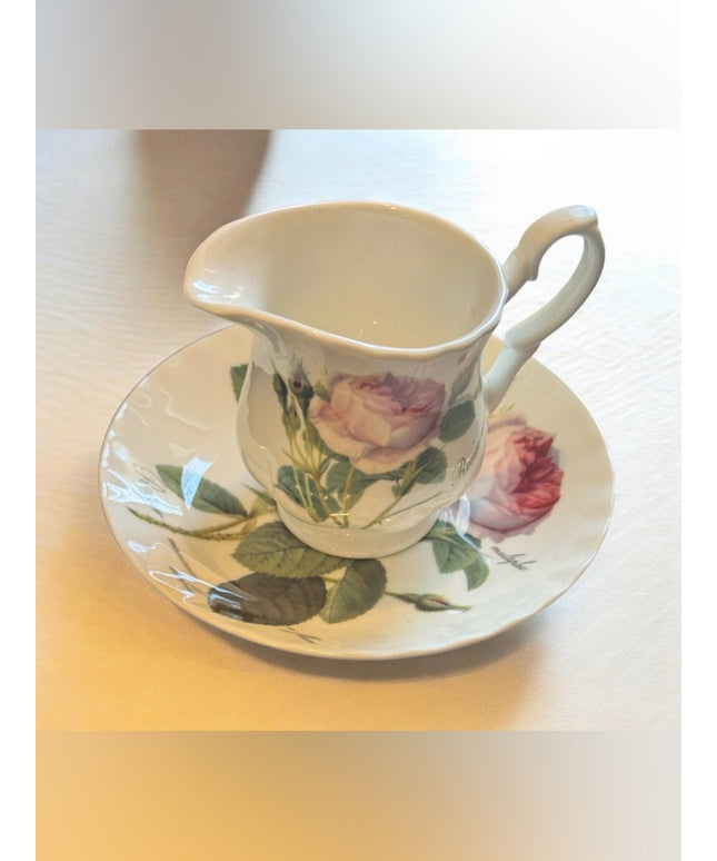 Roy Kirkham Redoute Roses Pattern Creamer and Saucer Set - White with Pink Roses