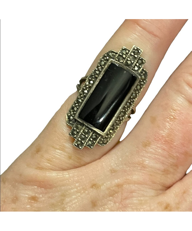 Vintage black onyx elongated Marcasite sterling silver 925 ring