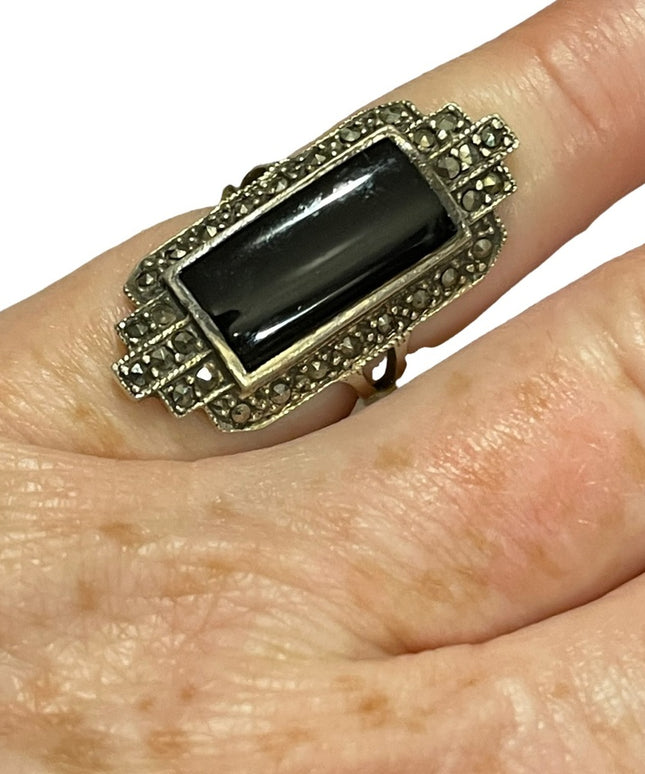Vintage black onyx elongated Marcasite sterling silver 925 ring