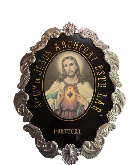 Vintage Black and Gold Religious Glass Plaque