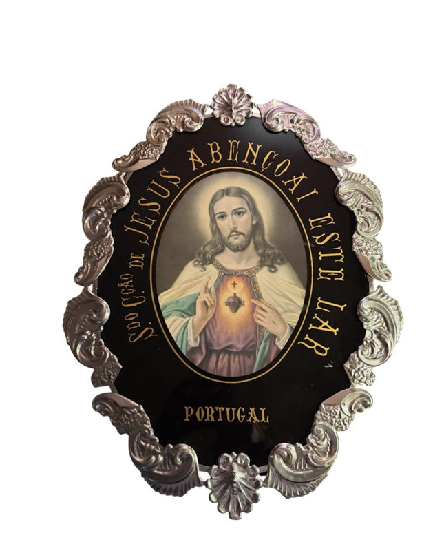 Vintage Black and Gold Religious Glass Plaque