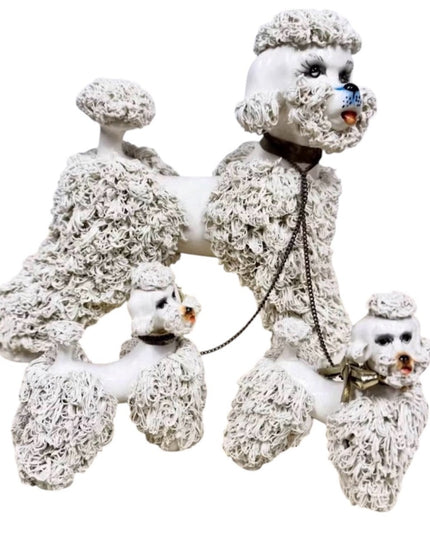 Vintage MCM RARE Large White Ceramic Poodle Dog Figurine Trio - Family