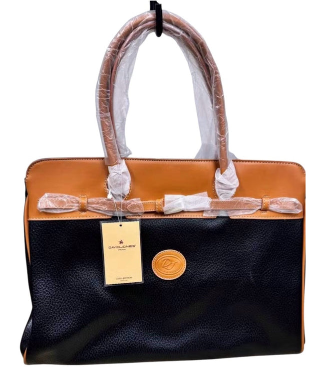 David Jones NWT Two-Tone Black and Tan Leather Tote Weekender