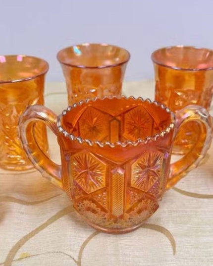 MCM Star & File Marigold Carnival Glass Amber Iridescent Glasses & Spooner